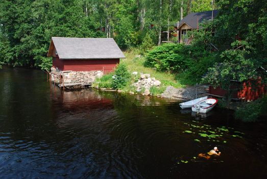 Typical finich property in the boder od river hidden in the birch forest, the man is swiming  in clean water, its a finnich lifestile