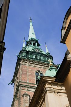 a city view of gamla stan the old town of stockholm showing an ancient church