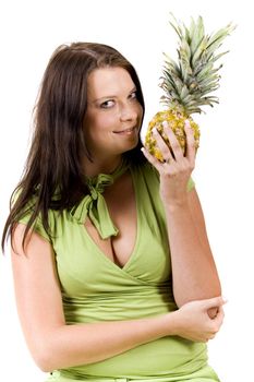 Young girl with fruits on white background