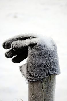 frozen glove, on a pole