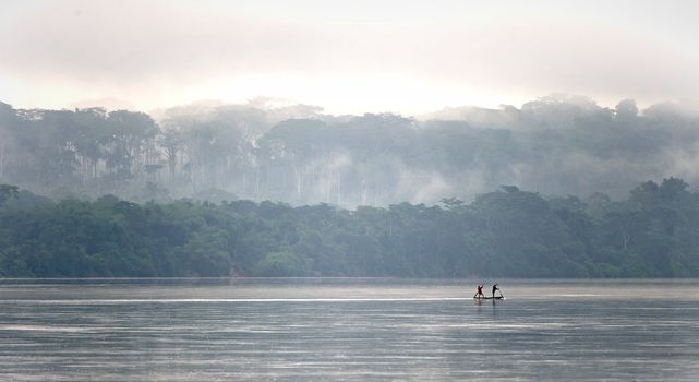 Sangha River. Morning fog on the African river Sangha.