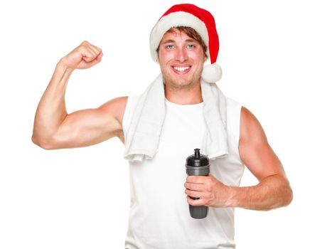 Christmas fitness man showing bicep muscles fit for holidays. Handsome male in his 20s wearing santa hat isolated on white background.