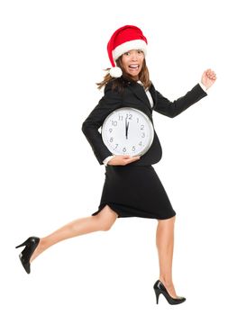 Christmas busy concept. business woman running late busy from work for holidays. Full body portrait of asian caucasian businesswoman wearing santa hat running with clock. Isolated on white background.