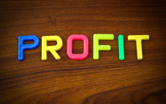 profit in colorful toy letters on wood background