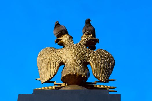 Pigeons sitting on the heads of the eagle