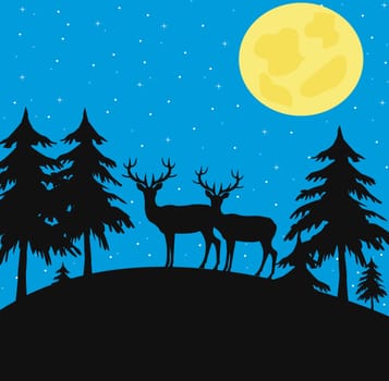 Wild deer in the night in wood at moon