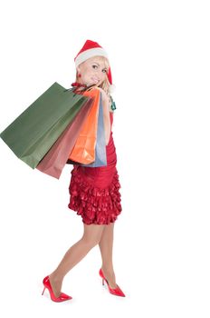 Happy woman with Christmas presents isolated on white