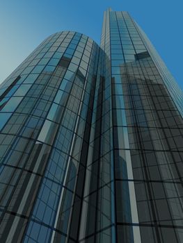 Skyscraper with tinted windows on the background of a cloudless sky