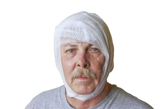 portrait of a man with his head bandaged for an injury