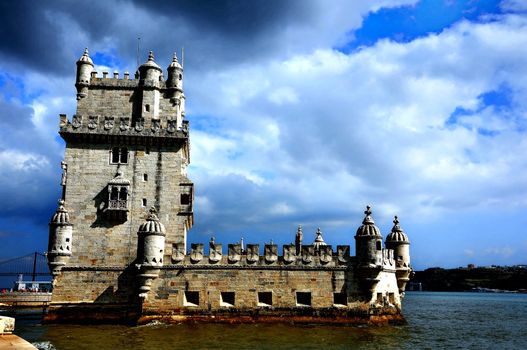 view of Belem Tower, one the most famous landmark in the city of Lisbon (Portugal)