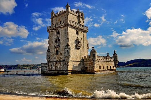 view of Belem Tower, one the most famous landmark in the city of Lisbon (Portugal)