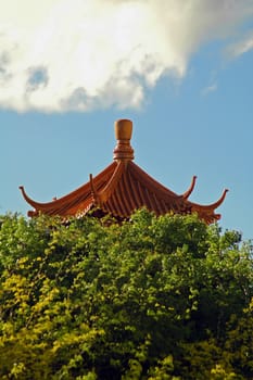 detail of chinese roof architecture behind trees
