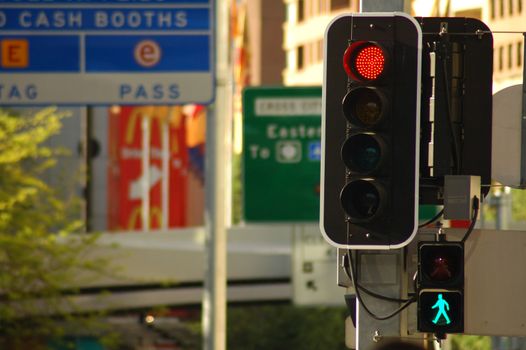 detail photo of street traffic lights, traffic signs, city