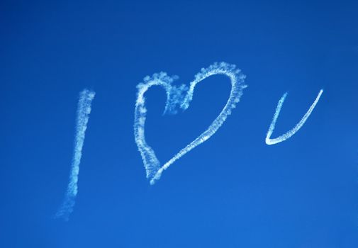 blue sky, white text created with a jet: I LOVE U