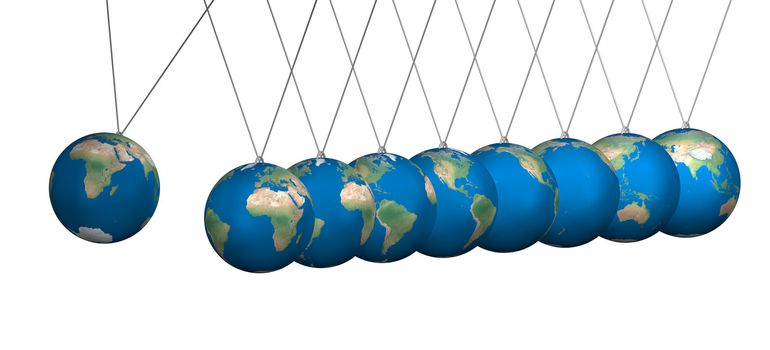 Newton cradle balancing with earth balls over white