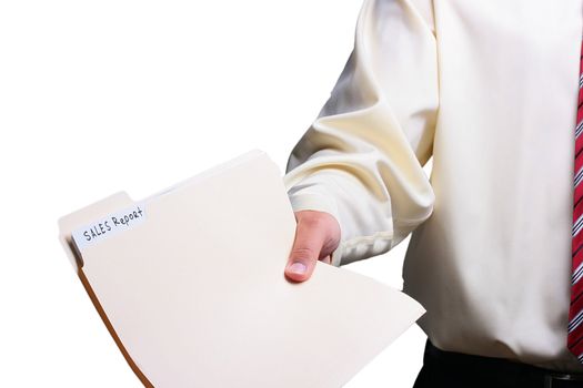 Man in a shirt and a tie giving a manila sales report folder. Add your text to the background.