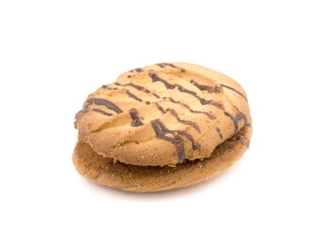 Tasty biscuit stuffed with jam on white background