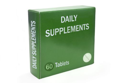 Close up of a green box with the words "DAILY SUPPLEMENTS" arranged over white.