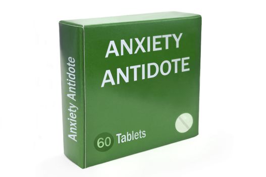 Close up of a green box with the words "ANXIETY ANTIDOTE" arranged over white.