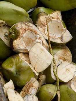 Pieces of broken green coconut shell