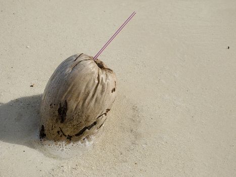 Old coconut that has served a drink washed up on a beach