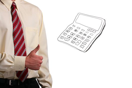 Man in a shirt and a tie showing thumbs up while standing next to a drawing of a calculator. Add your text to the calculator.