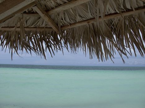 Ocean viewed from under a straw parasol