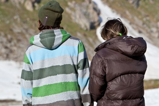 Couple in the mountains during summer vacations. Caucasus, 2010