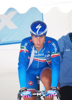 COPENHAGEN - SEPTEMBER 21: Unknown Italian elite rider at the UCI time trial championships in Copenhagen. The event starts on September 19 - 25, 2011 in Copenhagen and Rudersdal, Denmark.
