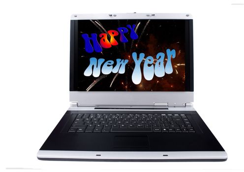 Laptop Computer with an Happy New Year colorful holiday background on the screen.Objects over white.