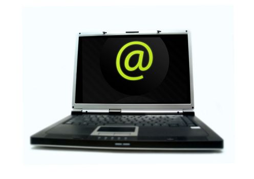 Laptop Computer with an email symbol background on the screen.Objects over white.