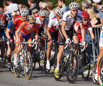 COPENHAGEN - SEPTEMBER 25: Unknown international elite cyclists at 2011 UCI road race championships in Rudersdal. The event starts on September 19 - 25, 2011 in Copenhagen and Rudersdal, Denmark.