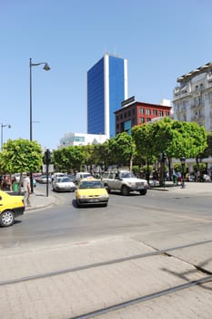 Avenue Habib Bourguiba and Hotel "Africa" of Tunis, Tunisia's capital.
