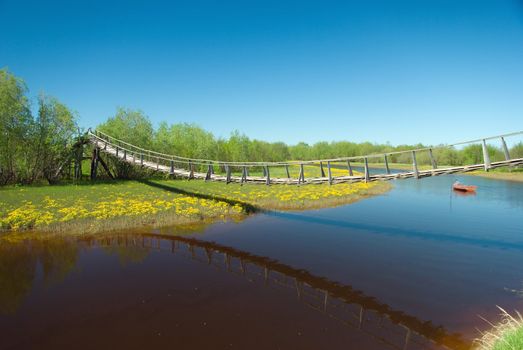 narrow rope pedestrian bridge over water