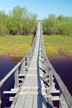 Suspension bridge over the river.Old Style Suspension Bridge -- crossing a mountain river