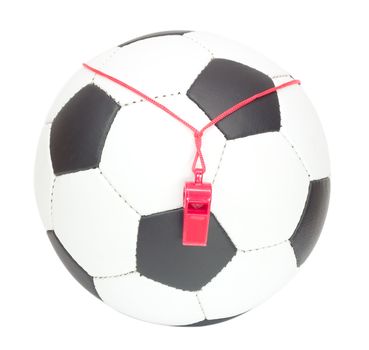 soccer concept, classic ball with referee's whistle, isolated on white