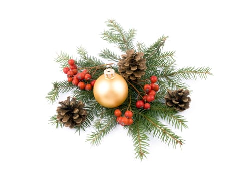Picture of golden glass ball, fresh spruce, rowan and cones on white background