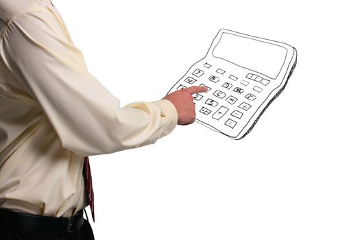 Man in a shirt and a tie pressing buttons on a drawn calculator. Add your text to the calculator.