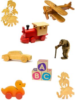 Collection of vintage and homemade wooden toys on white background. 