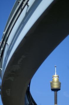 sydney tower, monorail rails, sydney, photo taken from Pyrmont Bridge