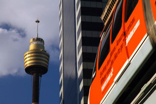 sydney tower and red monorail, detail photography