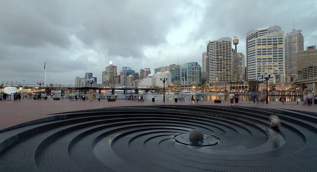 Darling Harbour in Sydney, fountain, early evening, skyline