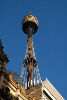 photo of sydney tower from beneath, blue sky,