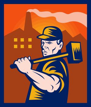 illustration of a factory worker with sledgehammer with buildings in the background.