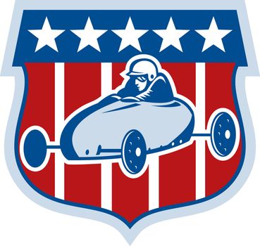 illustration of an american Soap box derby car with stars and stripes in the background.