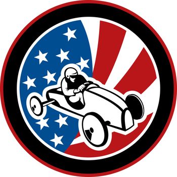 illustration of an american Soap box derby car with stars and stripes in the background.
