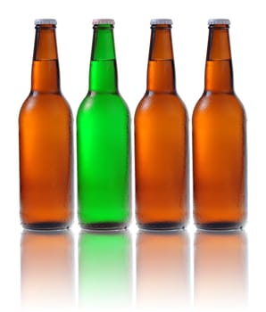 Beer bottles with one different from the others isolated on white background
