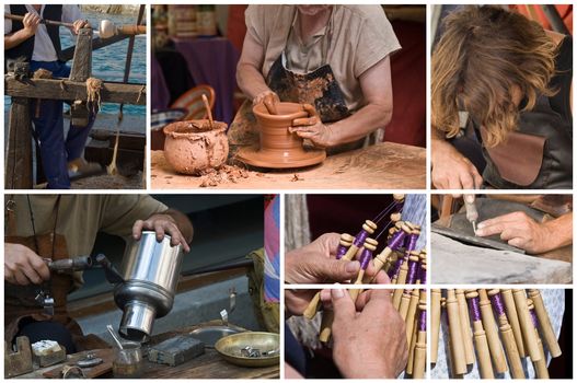 Collage with pictures about artisans working in their workshops with their hands.