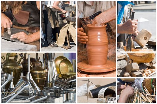 Collage with pictures about artisans working in their workshops with their hands.