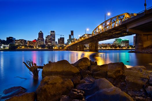 Portland Oregon City Skyline along Willamette River at Blue Hour